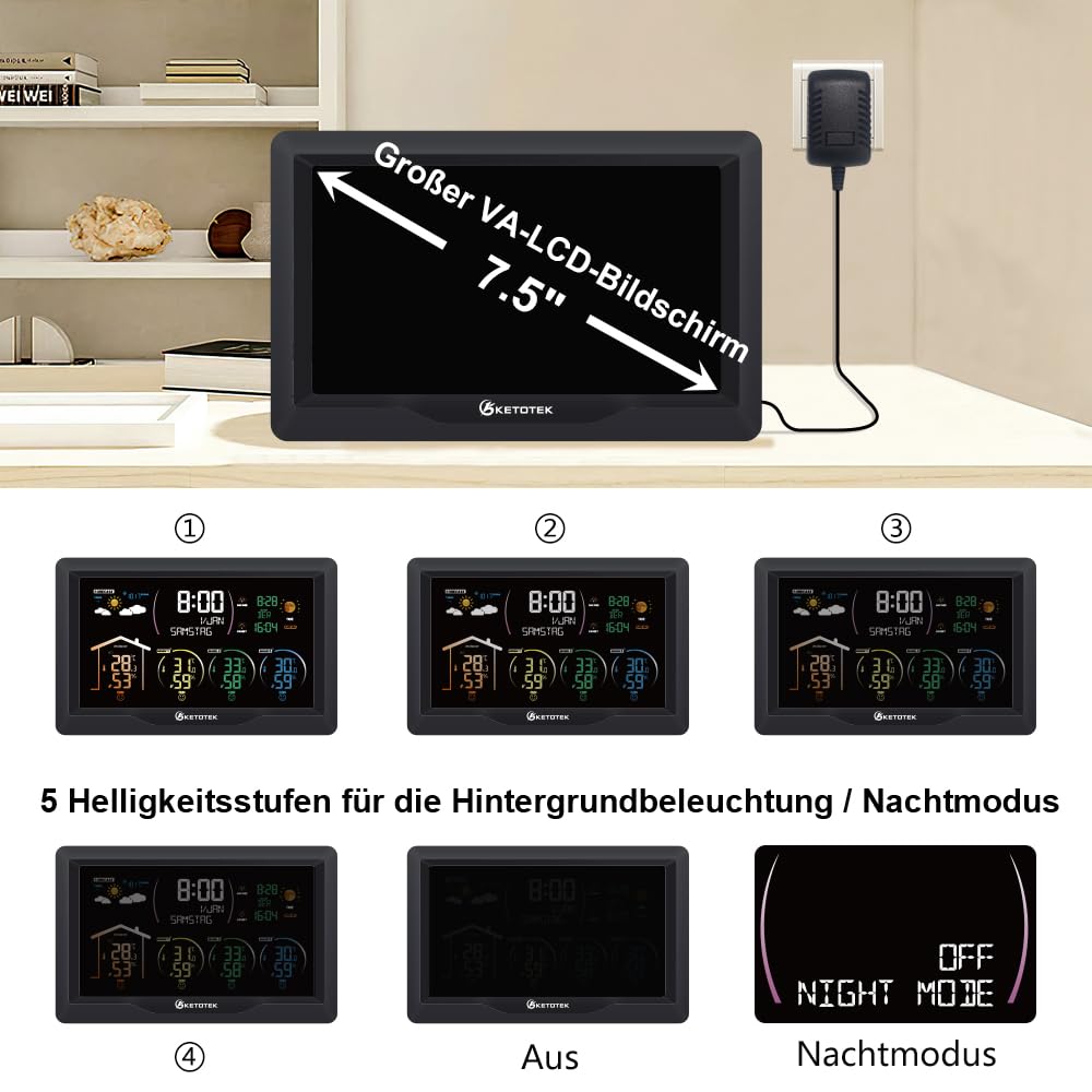 KETOTEK Funk Wetterstation mit 3 Außensensoren mit Wettervorhersage | Indoor Outdoor Digital Thermometer Hygrometer Barometer DCF Funkuhr Mondphase,Sonnenaufgang uSonnenuntergang Zeit