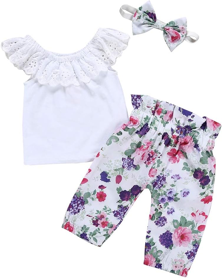 BOBORABaby Girl Clothes, Infant Girls 3PCs Clothing Set Sleeveless Cotton Shirt + Flowers Pants + Headband