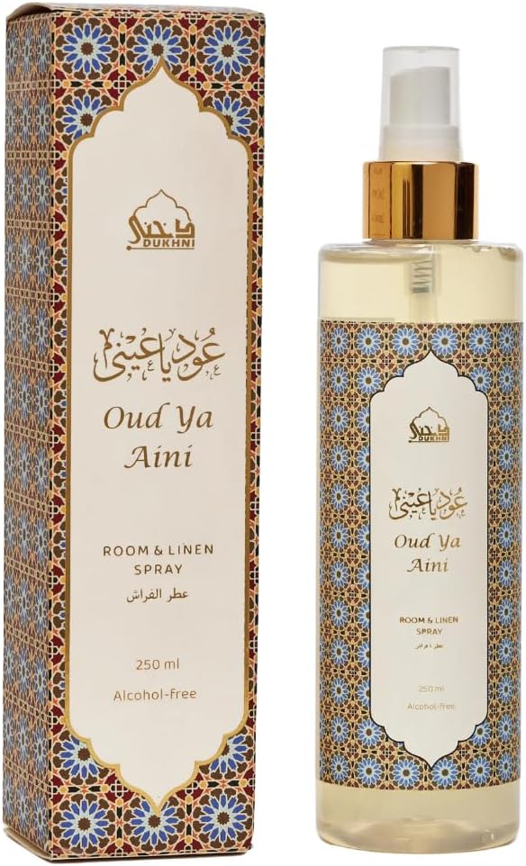 Dukhni Oud Ya Aini Attar Al Faraash | 250ml Non Alcoholic Spray | Arabic Natural Mist | Air Freshener, Room Mist, Fabric & Linen Spray | Perfect for Prayer mats, beds, sofas, curtains | Halal