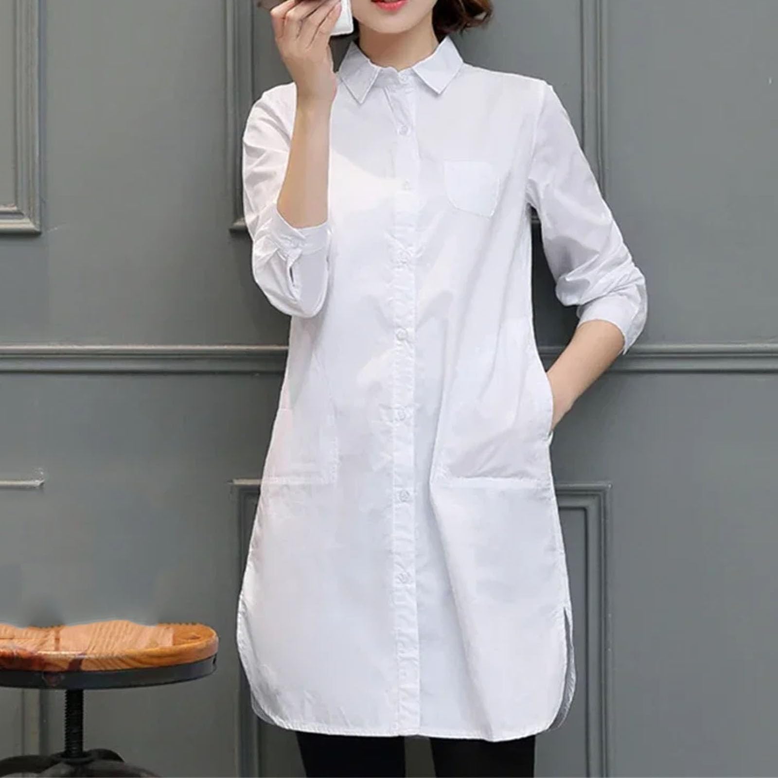 Camicette lunghe da donna in cotone bianco con tasche camicia casual con bottoni tinta unita camicette top