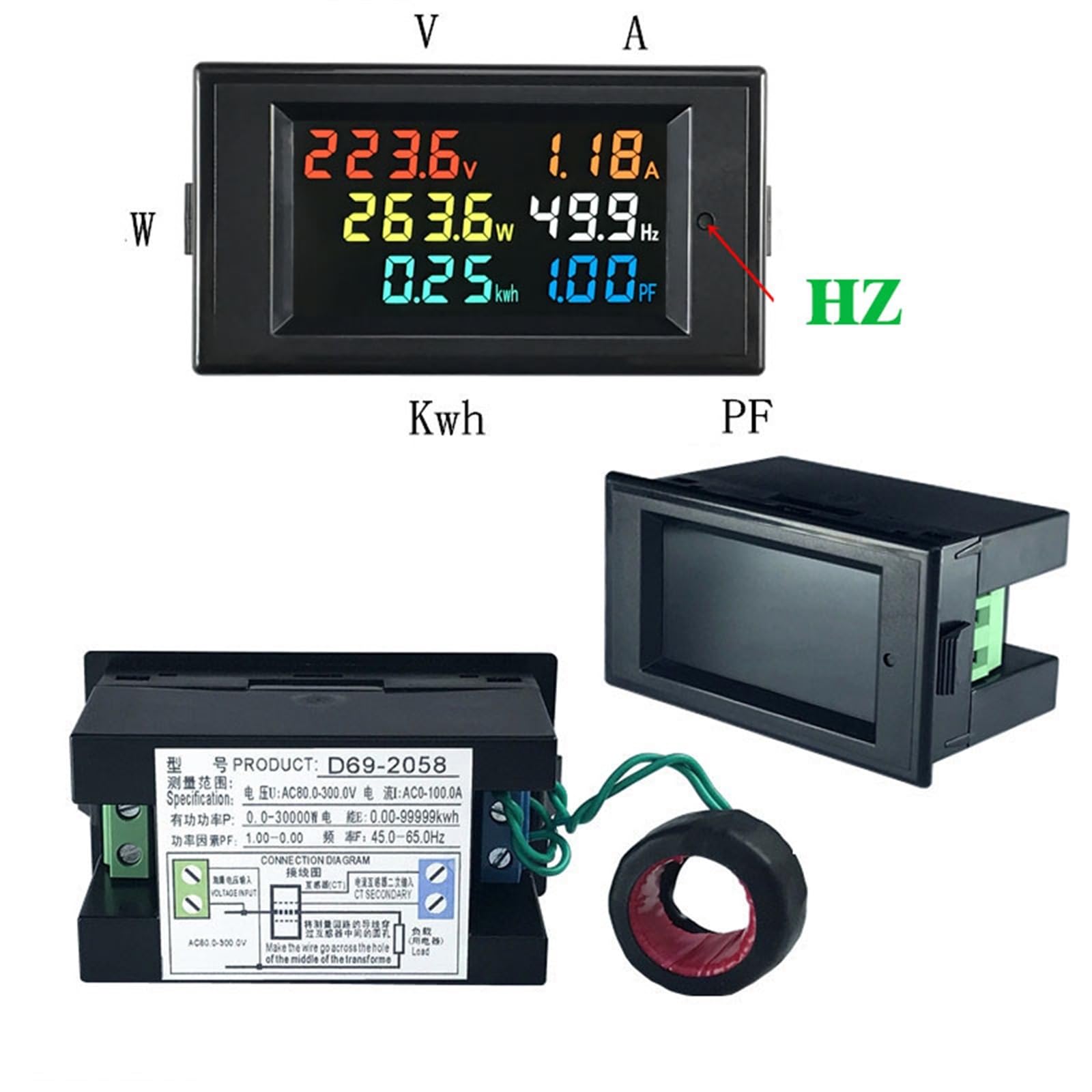 D69-2058 woltomierz prądowy amperomierz współczynnik mocy energia elektryczna częstotliwość metr cyfrowy watomierz LCD Volt AMP 1 sztuka (rozmiar: AC40V-300V)