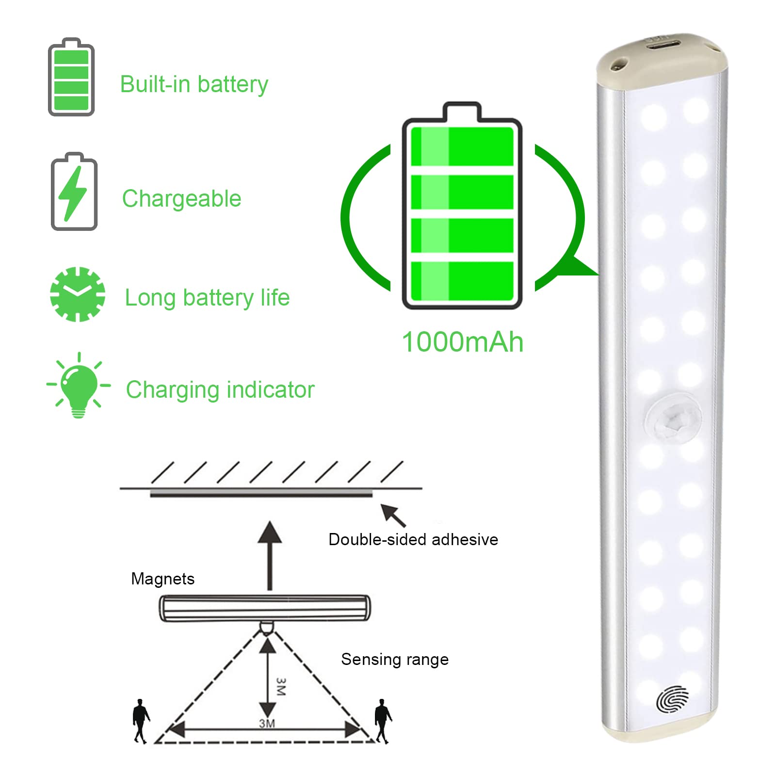 Lampy szafki z czujnikiem ruchu, Led pod szafką kuchenną, oświetlenie szafki z możliwością ładowania USB z samoprzylepnymi paskami magnetycznymi (24 białe światła dotykowe × 3)