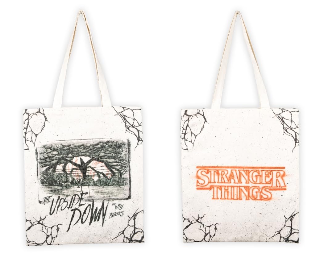 Konix Stranger Things Tote Bag Tasche mit langen Griffen, Biały - do góry nogami, 38 x 42 cm