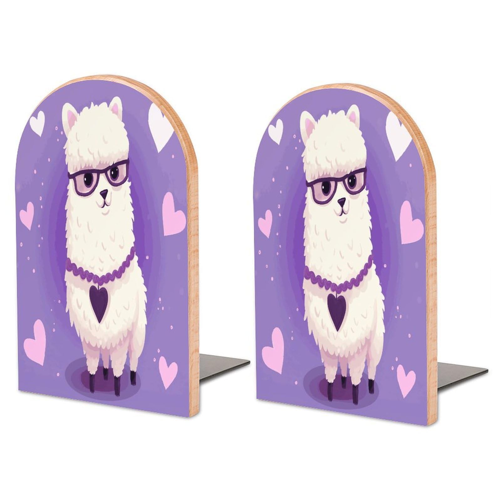 Non-Slip Bookend for Shelves Love Alpaca Purple Wooden Bookends with Metal Base Decorative Book Stopper for Home Heavy Duty Wood Book Storage for Books/CDs
