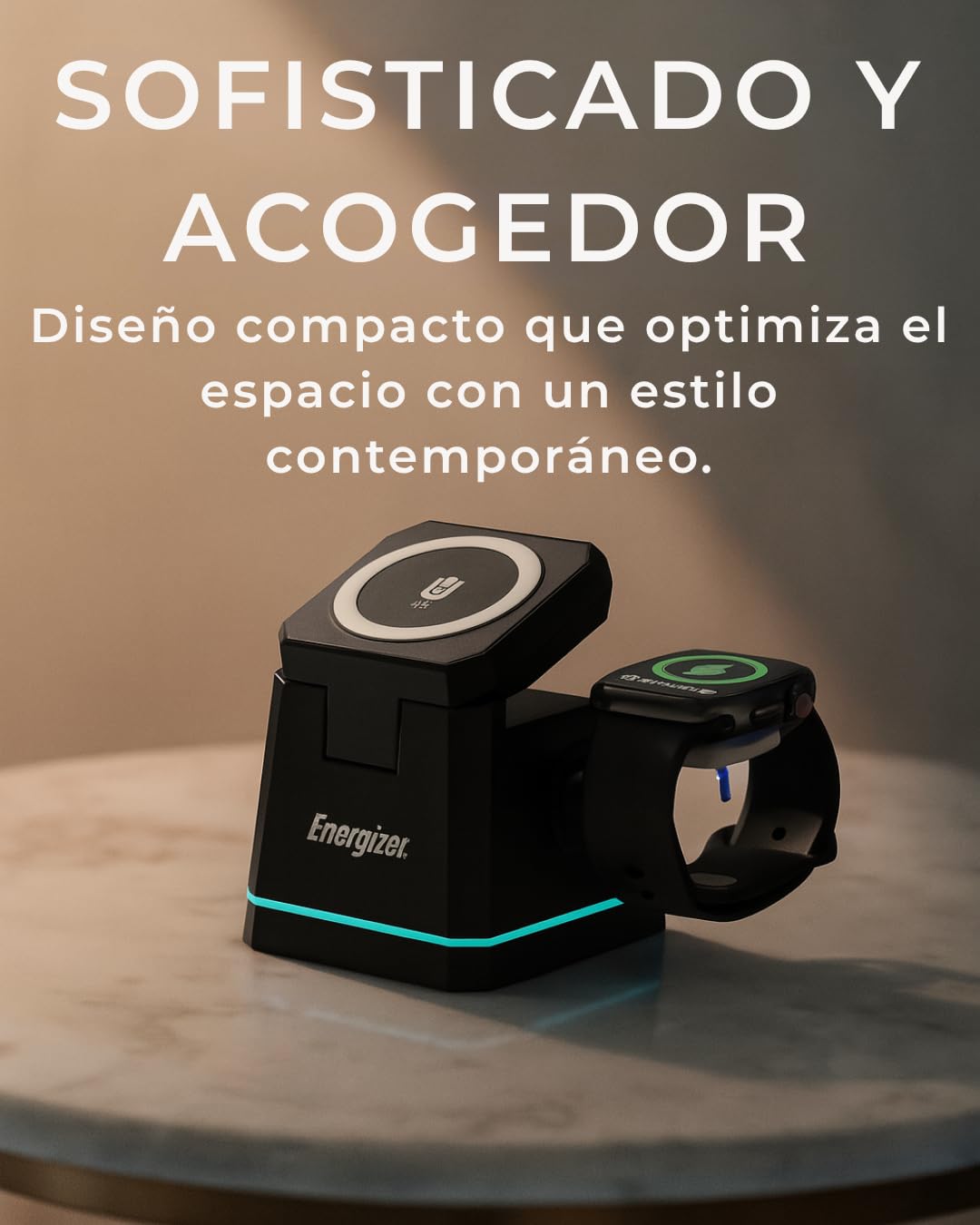 Energizer WCP307 3-1 Cargador de escritorio inalámbrico de 15 W | Carga rápida para smartphone, auriculares y Apple Watch, compatible con MagSafe, soporte plegable con soporte ajustable, USB-C, seguro