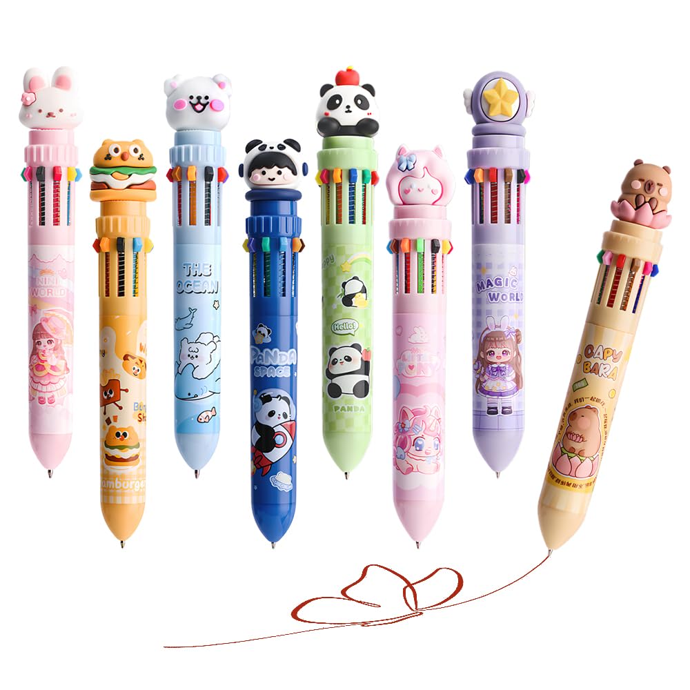 WATUNID 8Pcs 0.7mm Multicolor Ballpoint Pen, 10-in-1,12-in-1 Colored Retractable Cartoon Animal Ballpoint Pens, Kawaii Cute Pens for Office Back to