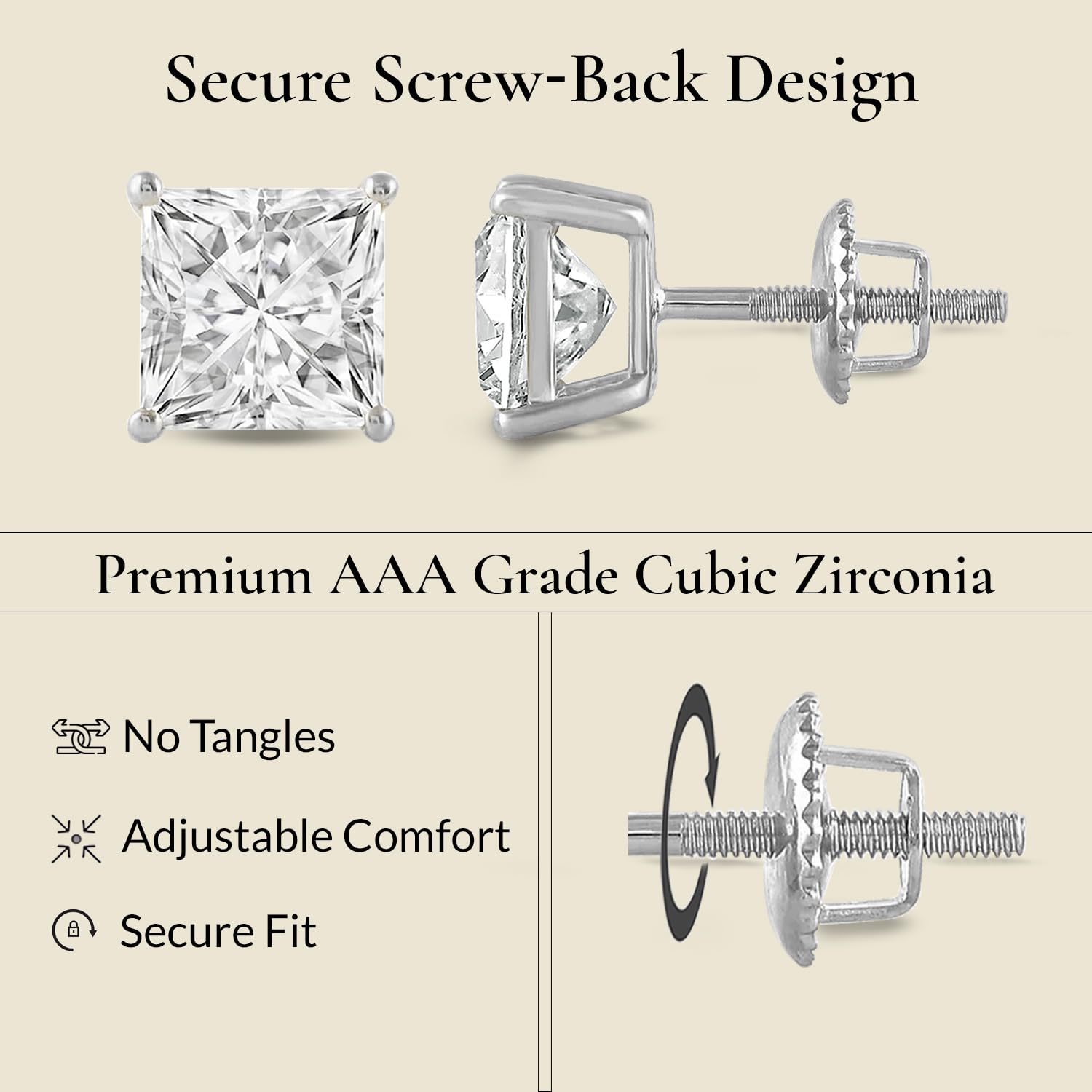 Everyday Elegance Solid 14K White Yellow Rose Gold Cubic Zirconia Solitaire Stud Earrings Women in Heart Cushion Oval Pear Princess Emerald Round Cut | Screw Back Posts 0.50 to 4.0 CTW |With Gift Box - 5