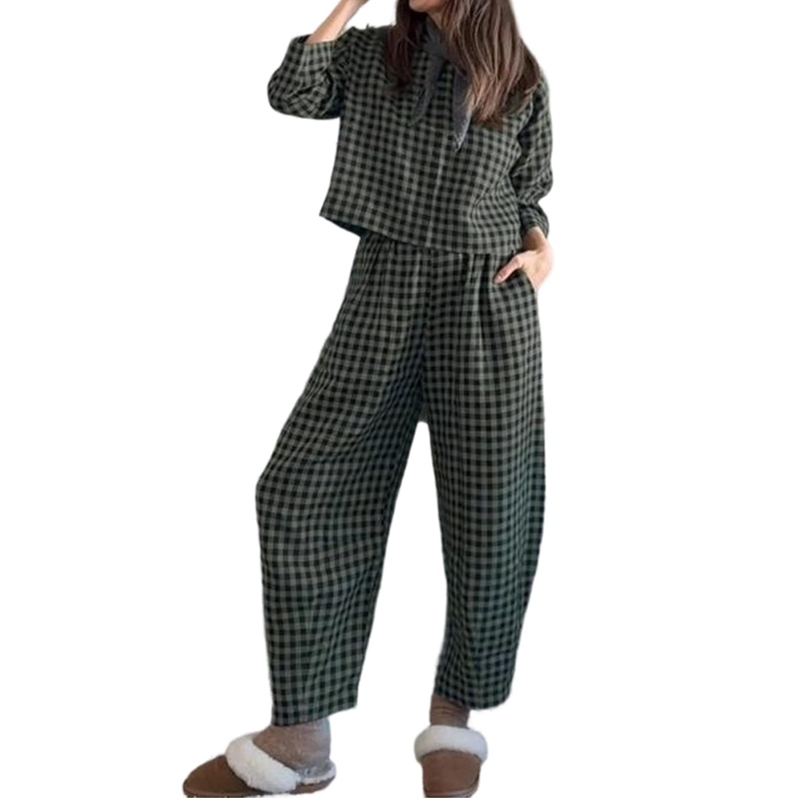 Damen Freizeit-Set Karierter Weste Langer Hose mit langärmligem Oberteil für Elegante Alltagsoutfits
