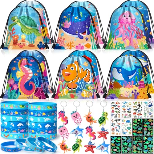 Winrayk 12 Sets Under the Sea Party Favors Birthday Supplies for Kids, Sea Animal Drawstring Bags Silicone Wristbands Luminous Stickers Keychain, Goodie Bag Stuffers Ocean Themed Party Favors Supplies