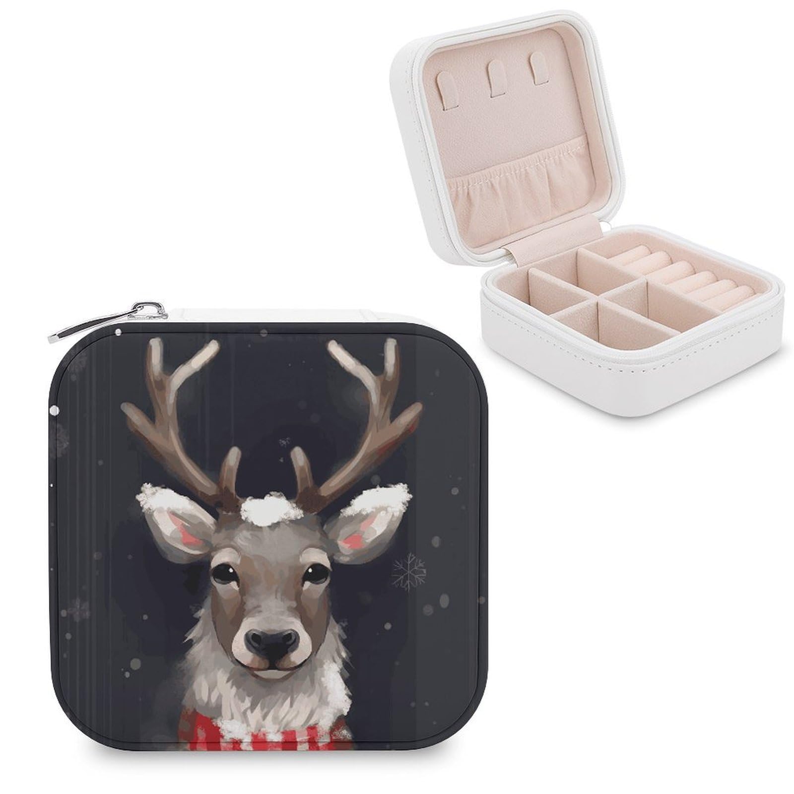 MUSM Reindeer Travel Jewelry Case Personalized PU Leather Jewelry Boxes for Women Small Portable Jewelry Organizer Box Cute Trinket Box for Necklaces Rings Earrings & Gifts