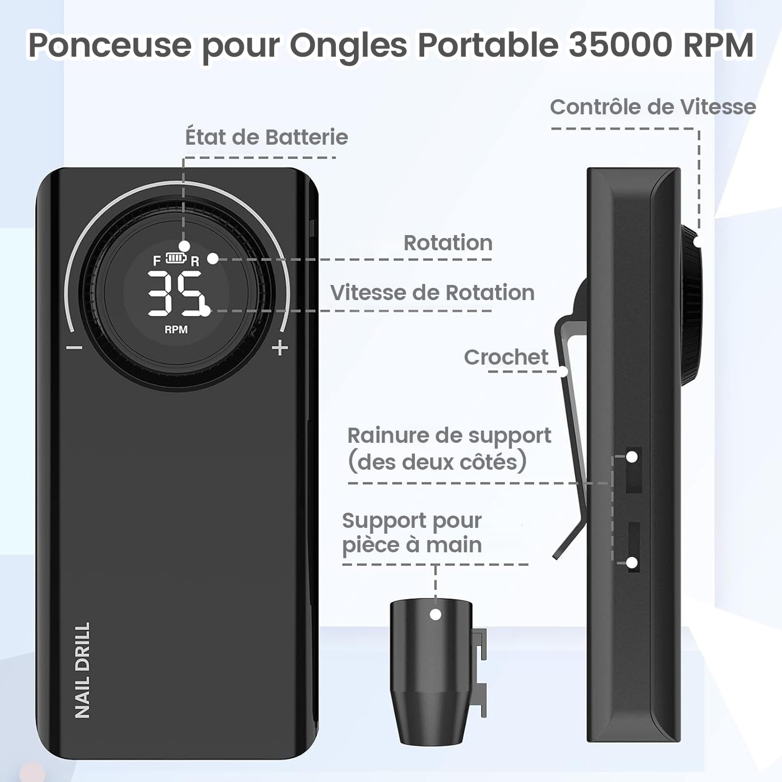 Delanie Ponceuse pour Ongles Professionnel Electrique Rechargeable 35000 Tours avec 6 Embouts et Affichage de LCD Puissante Silenceuse pour Manucure Pédicure
