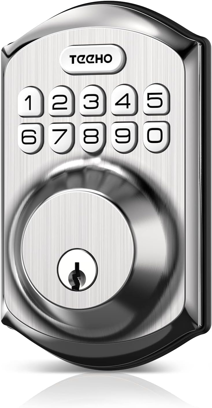 TE001 Keyless Entry Deadbolt with Keypad for Front Door, Satin Nickel | ANSI Grade 3 Security, 20 User Codes, Low Battery Alert, IP54 Waterproof, One Touch Lock, Anti-Peep Password & 2 Backup Keys