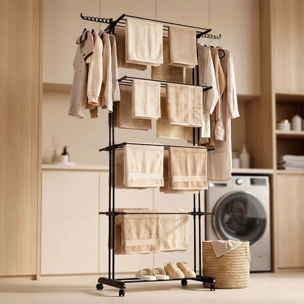 Vilde Étendoir à linge XXL 4 niveaux noir sur roulettes 74,5 x 64 x 225 cm