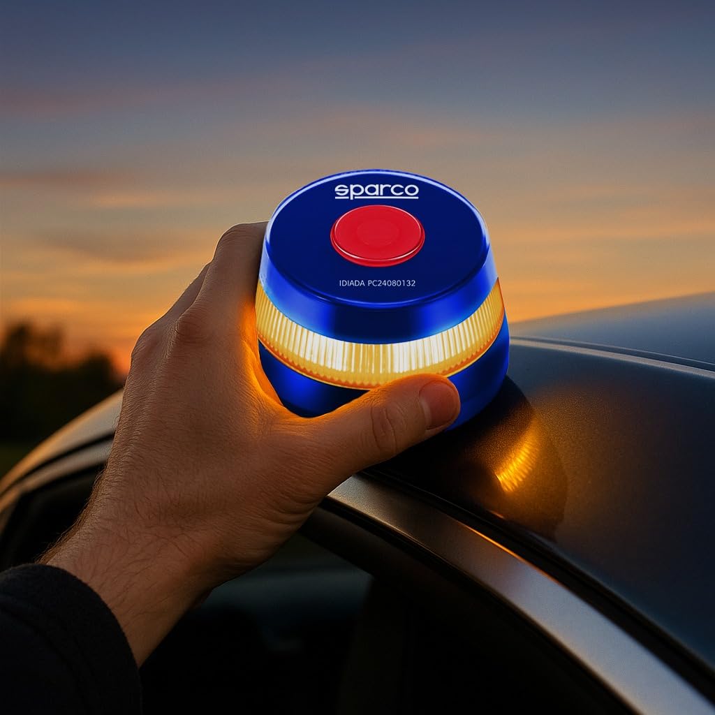 Sparco Luz Emergencia Coche V16 Homologada DGT 3.0 con Geolocalización, SIM y Datos Incluidos hasta 2038 + Estuche de Regalo, Baliza Obligatoria Enero 2026, App incluida (Plástico ABS)