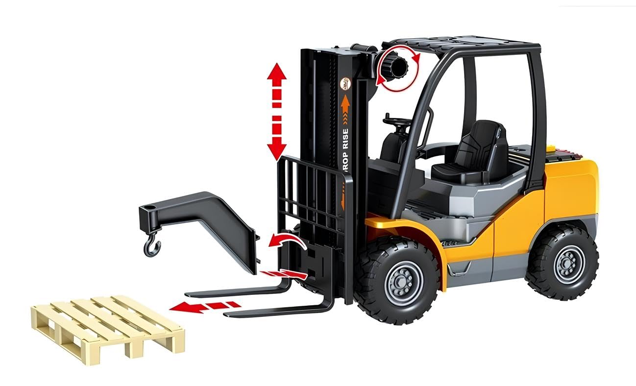 Toy Forklift with Real Sounds, Light, Clutch Movement, Large 10" Wheelbarrow with Hook, Platform, Large Model, Fork, Fork Cart, Pallet Carrier, Carrier