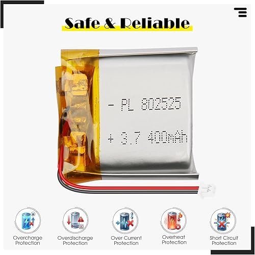 Miniatura 2 de 802525 3.7V 400mAh LiPo Batería - Batería recargable de polímero de litio con placa de protección y conector Micro JST 1.25 para dispositivo