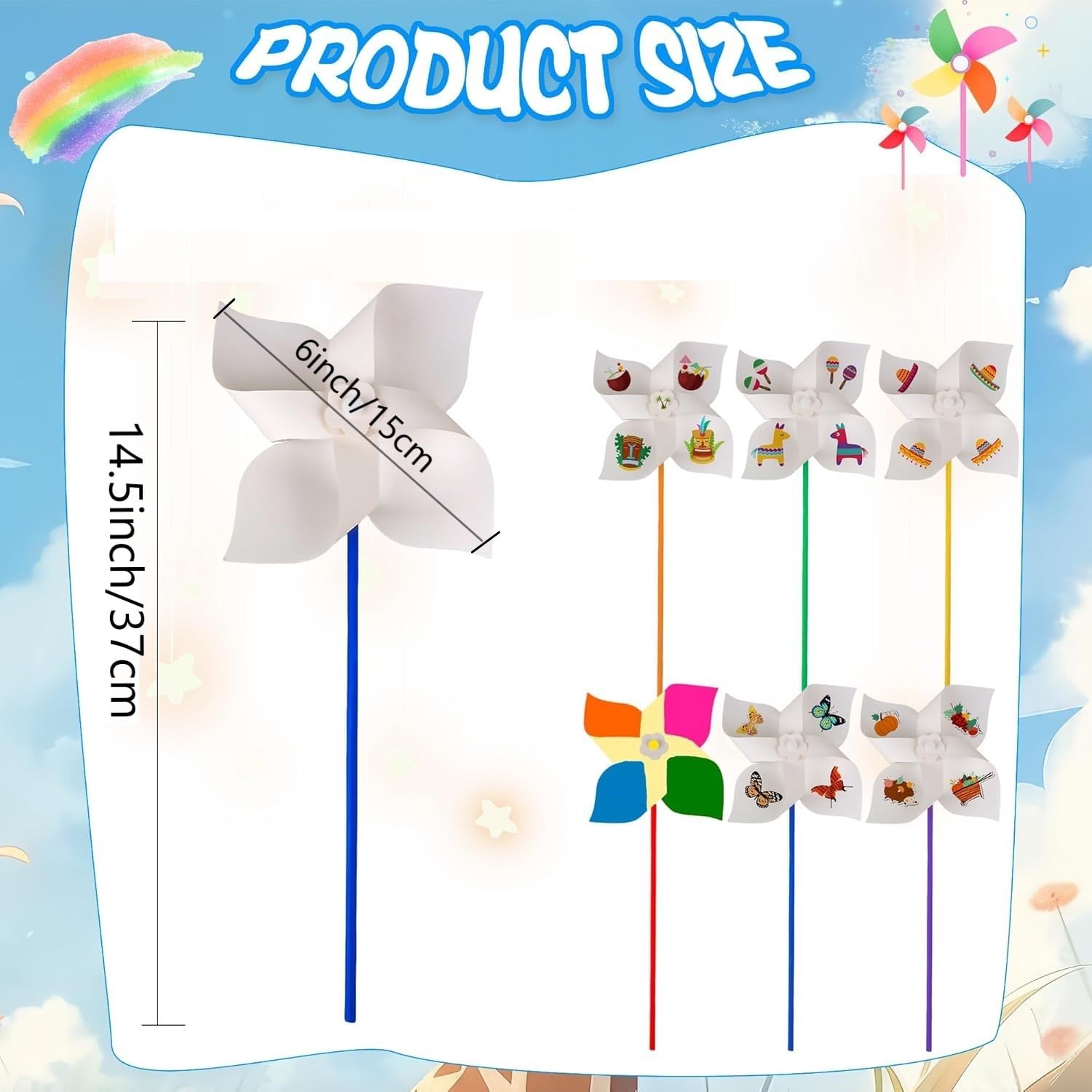 ZHRUOYAO 50 PCS Novelty DIY Pinwheels Craft,Color Your Own White Pinwheels, Bulk Summer Spring Easter Craft Kit - Image 2
