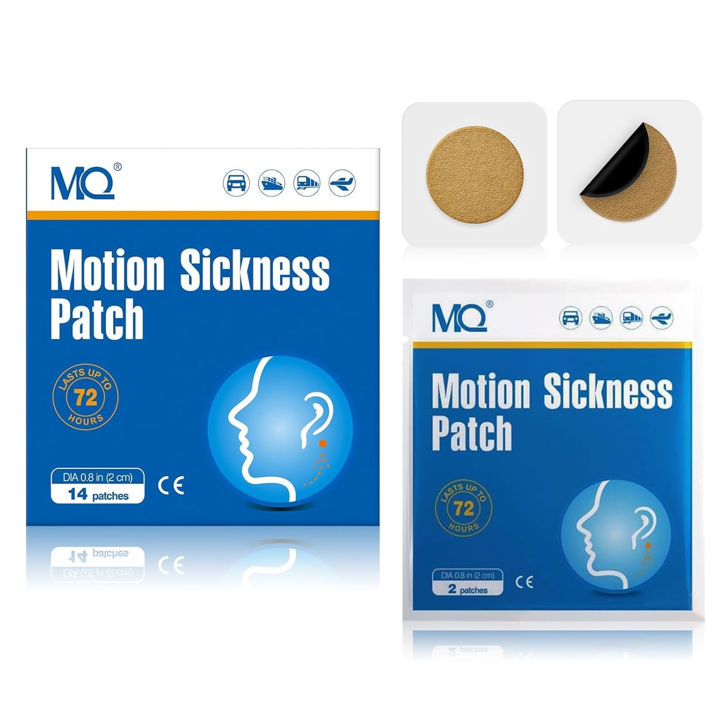 MQ 14ct Motion Sickness Patches Non Drowsy, Sea Sickness Patch Behind Ear for Cruise Ship Travel, Waterproof Car Sick Patches Fast Acting & Long Last up to 72H