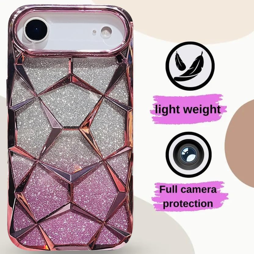 Image of VONZEE Gradient Glitter Back Cover Case Compatible with iPhone 17 Air, Luxury Electroplated 3D Cube, Diamond Bling Shiny Soft TPU Clear Shockproof Women Girls Protective Phone Cover (Rose Gold)