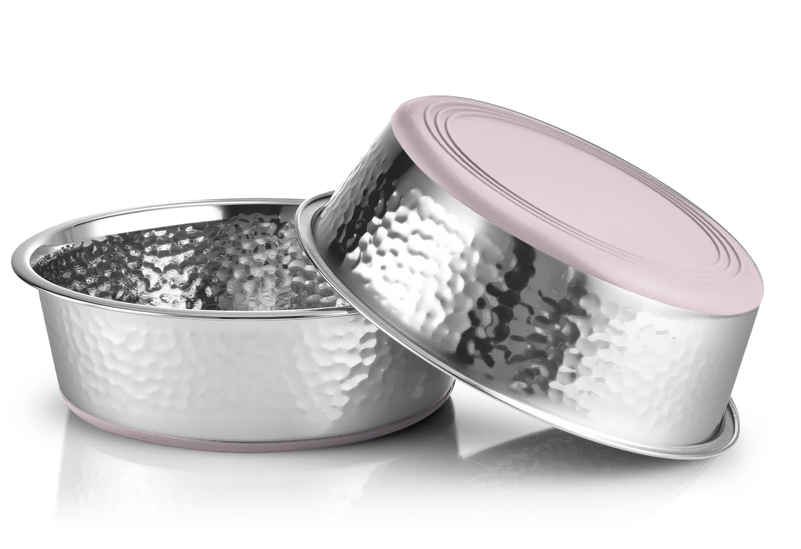 URBUDDIES 2 Pack Hammered Stainless Steel Dog Bowls, 11 Cup, Pink Bottom