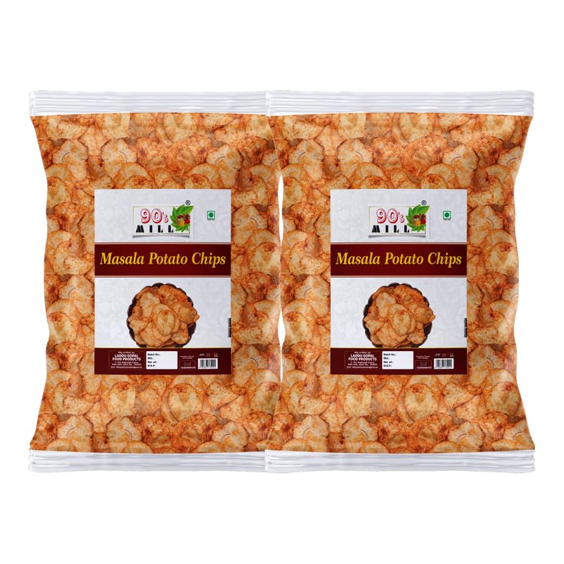 90's MILL Aloo Chips Low Fat Masala | Chilli Potato Chips| Sliced Potato Chips | Party Snacks | Evening Snacks Masala PATTA Wafer/Chips Potato Wafer Party Crunchy Munchy Snack-900g*2Pack