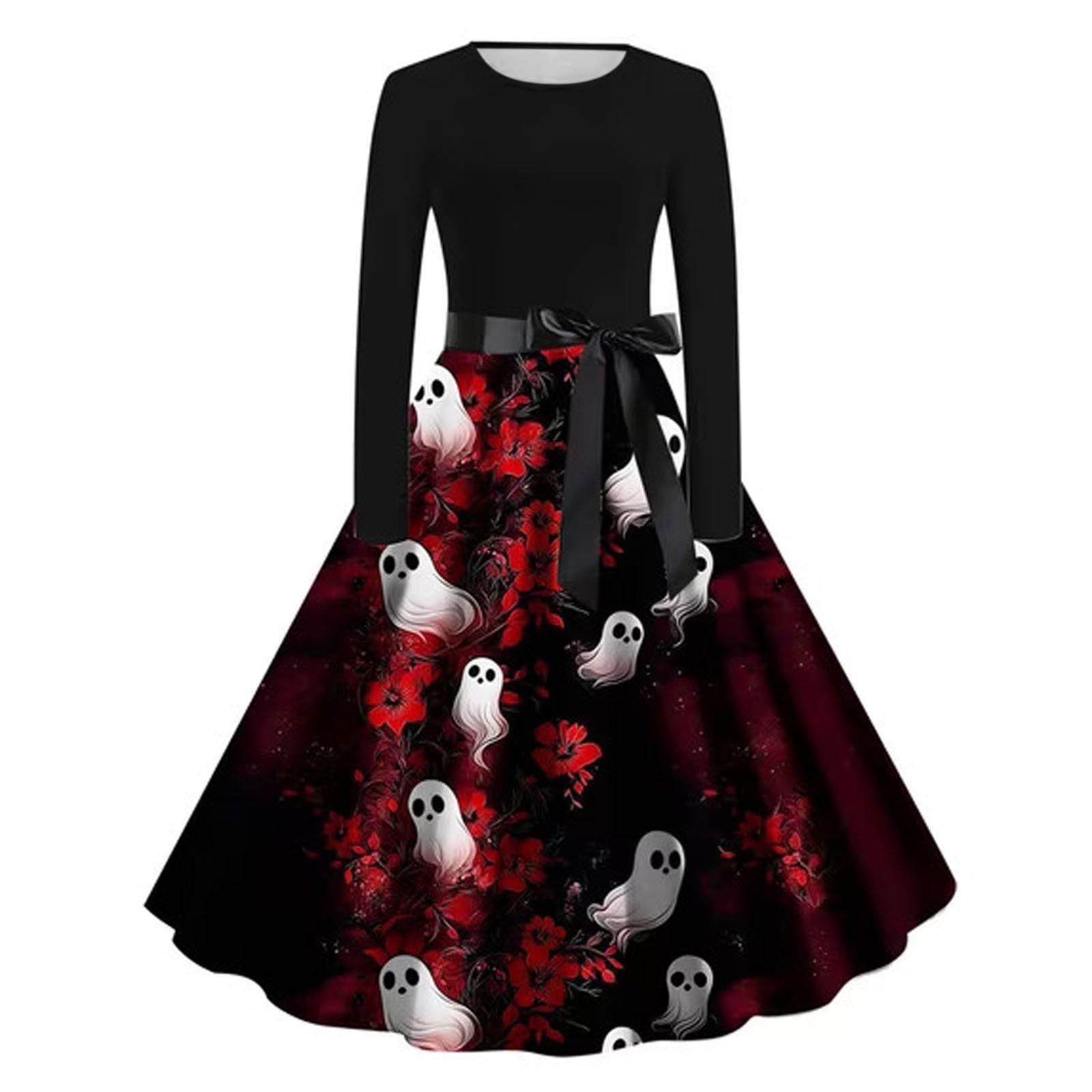 Halloween Costumes Adult Women Retro Pumpkin Skeleton Print Round Collar Long Sleeve A Line Swing Ladies Dress Women's Fashion Black Vintage Skull Witch Rockabilly Party Cocktail Novelty Maxi Dresses — image 1