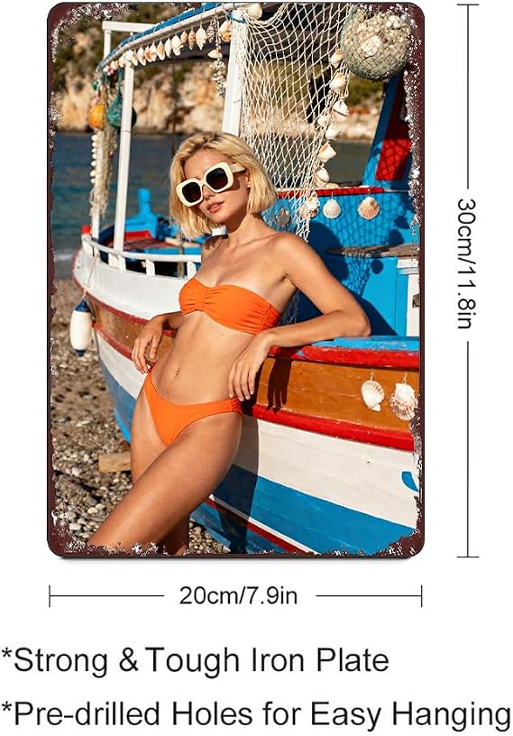 Gorgeous Woman in Stunning Red Bikini on the Beach Pin Up Sexy Girl Hot Bikini Women Vintage Metal Tin Sign Girl Poster For Bathroom Home Car Club Bar Man Cave Retro Art Wall Decor 6 * 8 inch