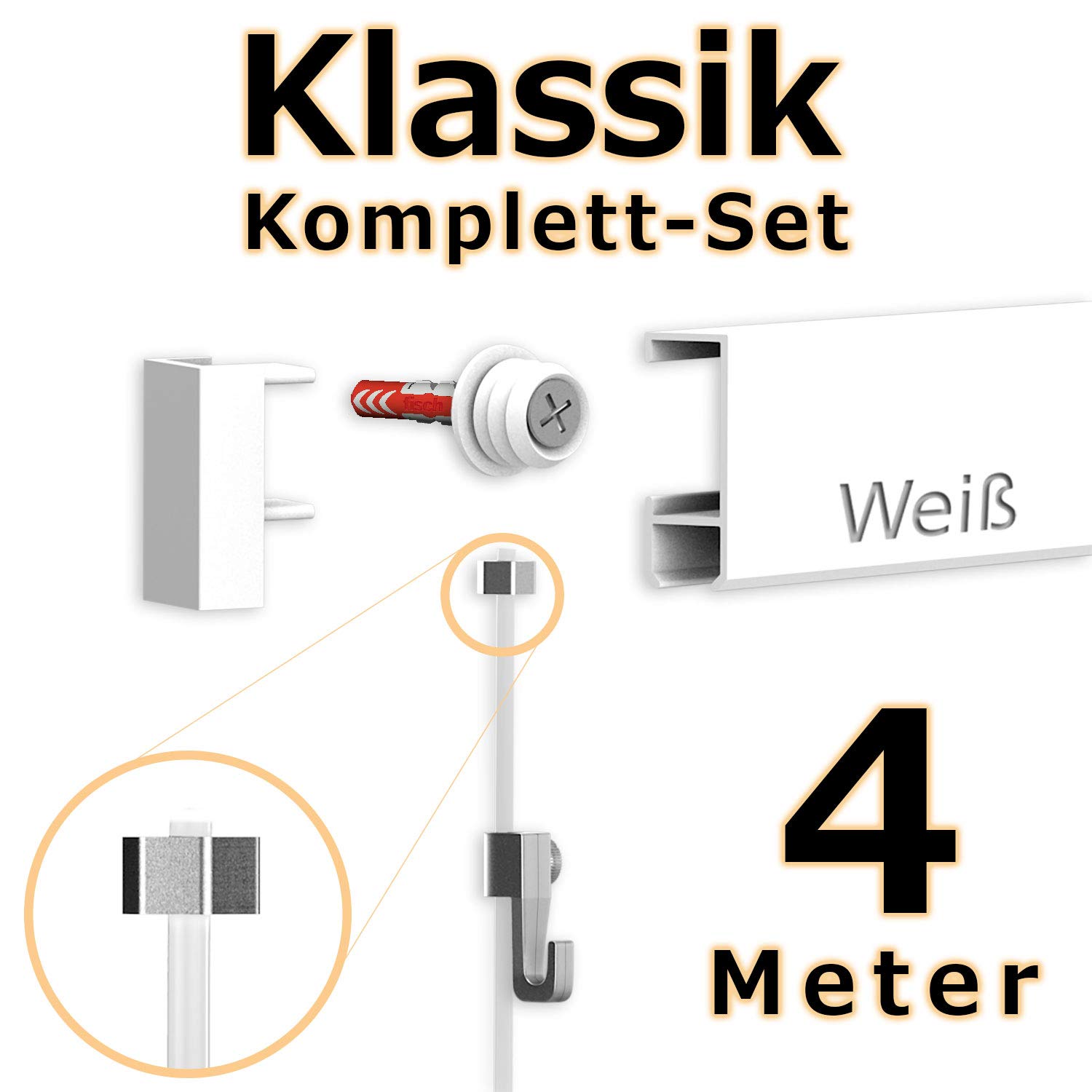 4 Meter Bilderschienen Galerieschienen - Komplett Set in weiß von Hang-it