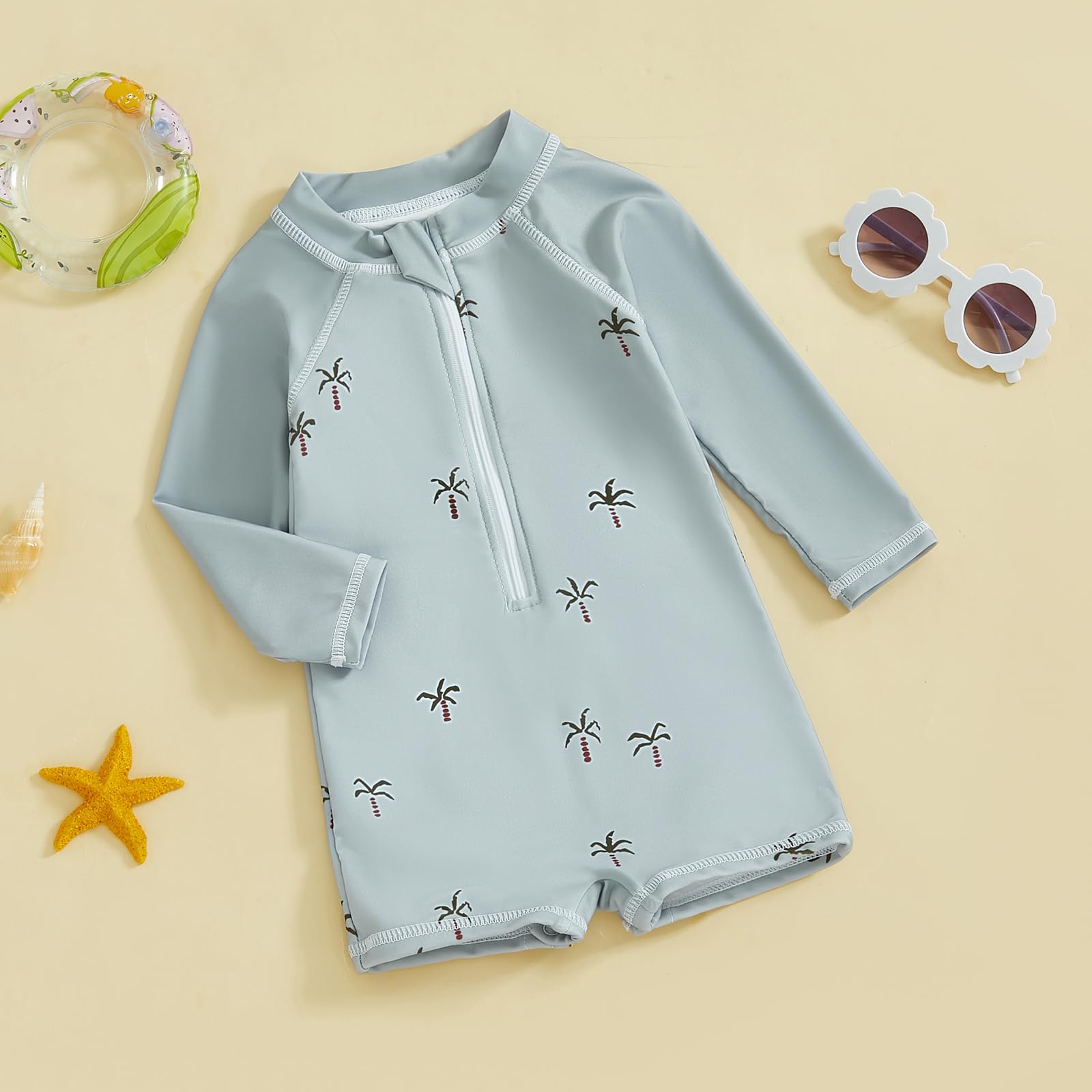 Afunbaby Baby Swimsuit Boy Girl Zipper Rash Guard Bathing Suit Toddler Infant Boy Girl One Piece Swimwear Beach Clothes (Grey coconut tree,3-6 Months)
