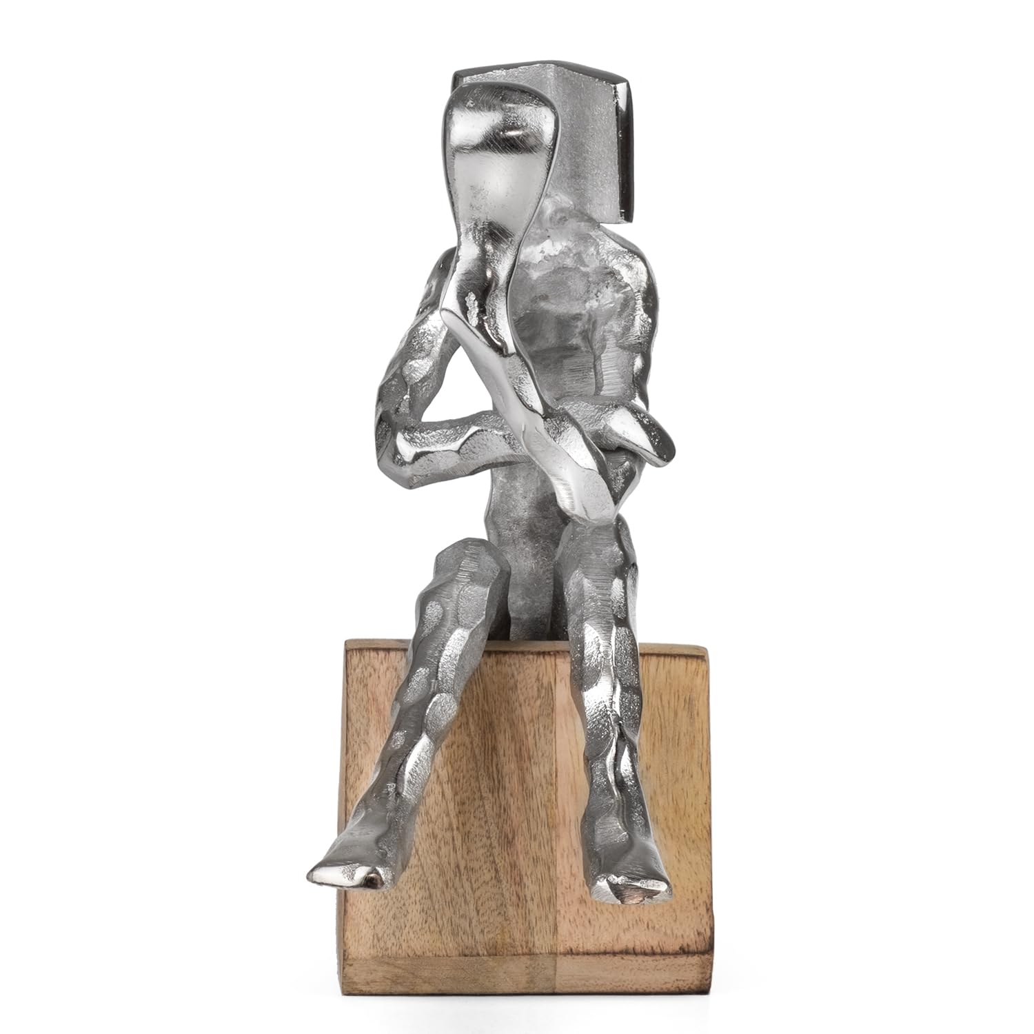 Nowoczesna figurka dekoracyjna myśli mężczyzna na cokole jako stylowa rzeźba do refleksji - 10 x 17,5 x 22 cm do salonu, biura, regału, biurka, pomysł na prezent, abstrakcyjna metalowa figurka na