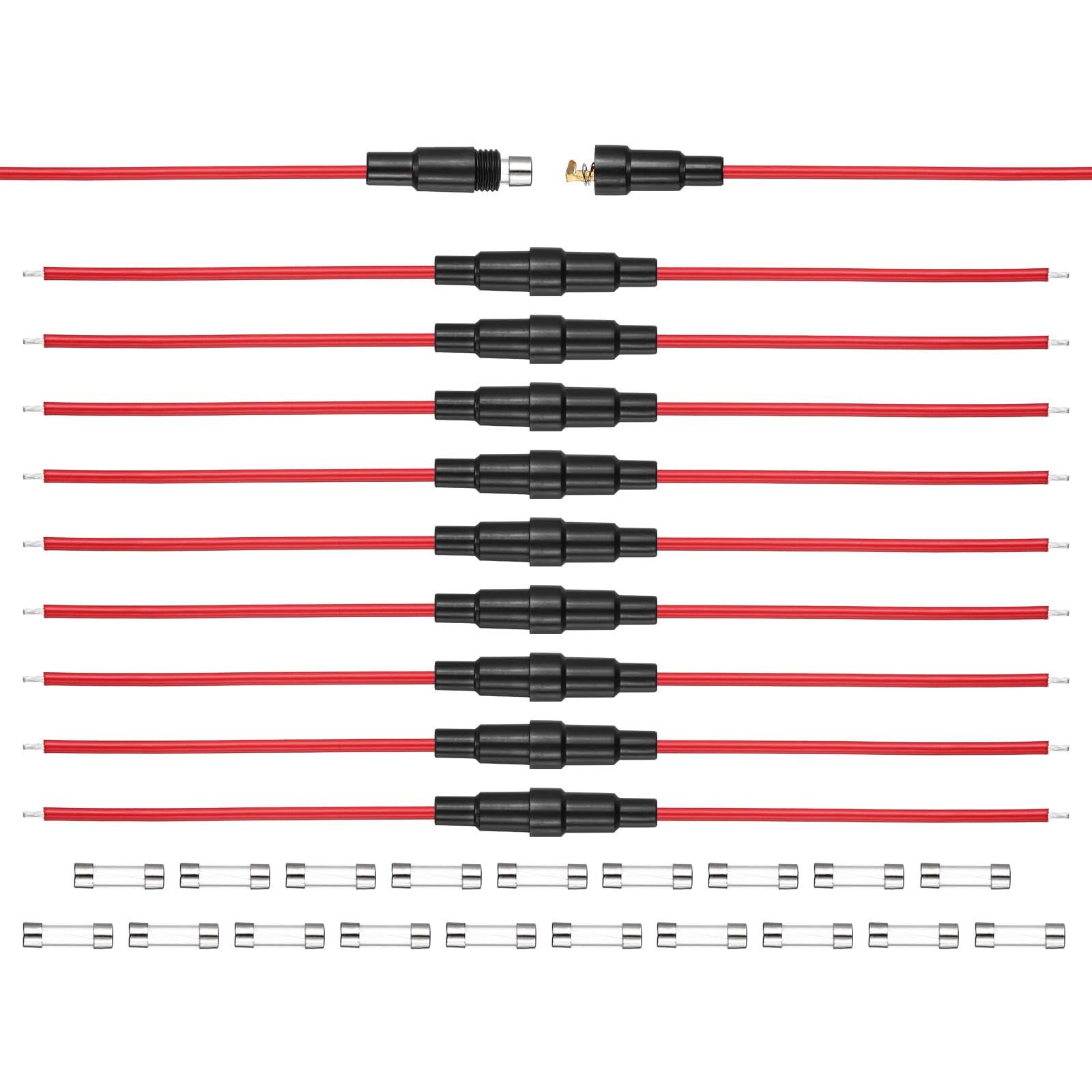 sourcing map 10 Pcs 6X30mm Inline Screw Type Fuse Holder, 250V 10A Fast-Blow Leaded Type Fuse with 16AWG 20cm Wire and F10A 250V Fast Blow Glass Fuses