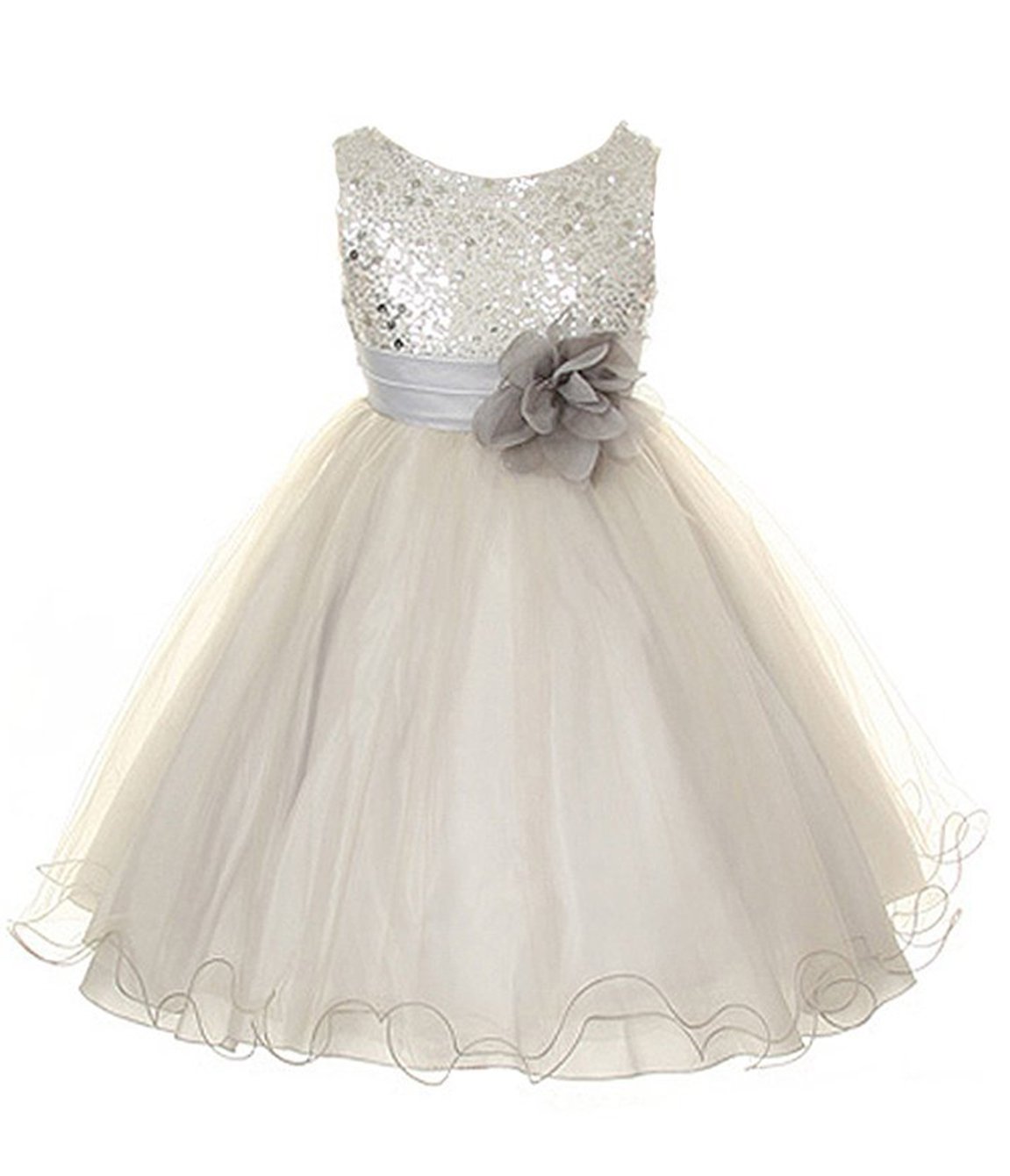 Kids Dream Girls Silver Sequin Bodice Mesh Girl Dress Silver