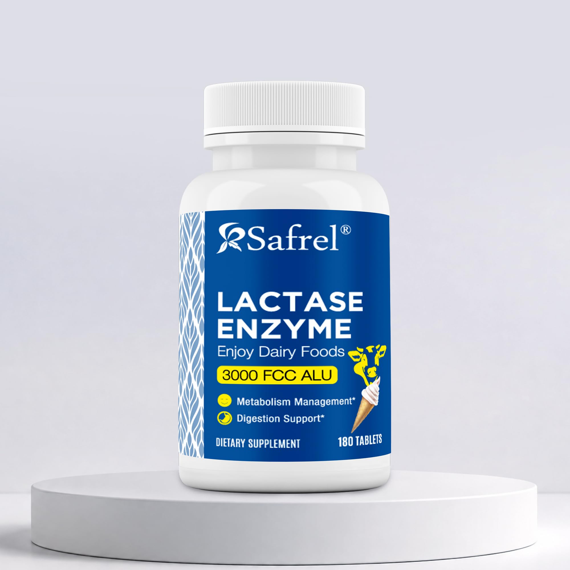 Safrel Lactase Enzyme 3000 FCC Unflavored Tablets, Fast Acting Strength Works Fast for Lactose Intolerance, Helps Prevent Gas, Bloating, and Diarrhea Associated with Dairy, 180 Ct​