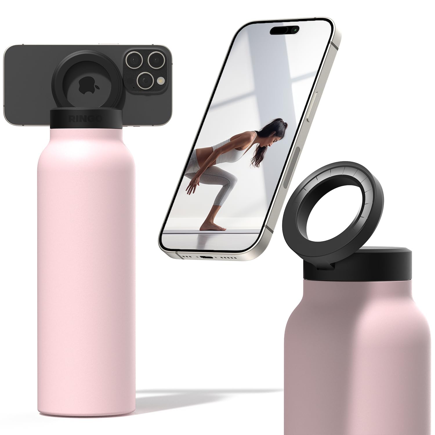 Ringo Insulated Water Bottle | Compatible MagSafe With Phone Holder | Stainless Steel Water Bottle With Magnetic Phone Tripod Mount | Hot for 12H, Cold for 24H, 360° Rotate - Pink 24oz