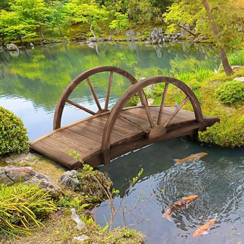 ZENITHLIVING Wooden Garden Bridge, Stained Fir Construction, Arc Design with Half-Wheel Railings, 39.25x19.75x14.5 Inch, Decorative Footbridge for Garden, Stream, Fish Pond