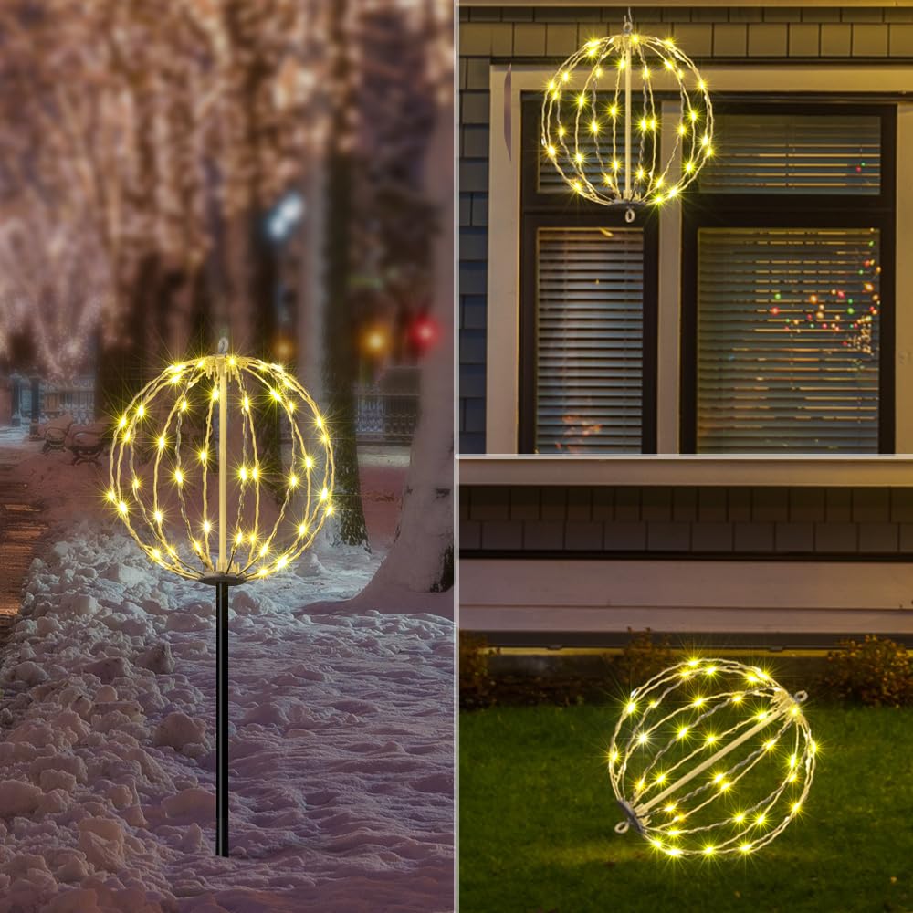 LIGHTSHARE 10IN 48LED Light Ball Yard Decoration Pathway Lights Sphere Light with Fold Flat Metal Frame Indoor Outdoor Waterproof Garden Lights, Plug in