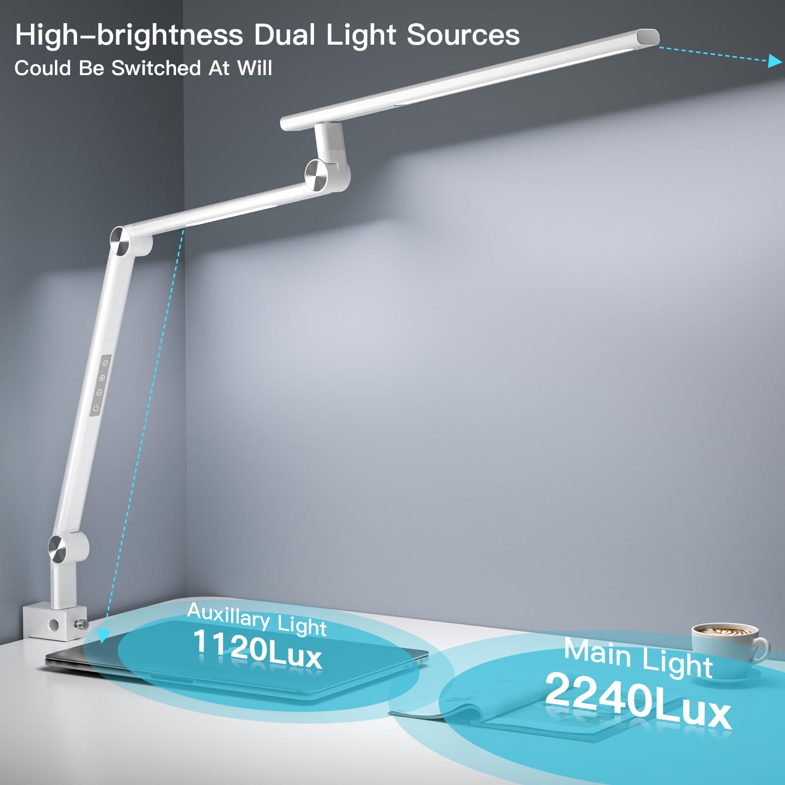 VERSKI LED-bureaulamp, dubbele lichtbron 18W helderste, oogverzorgende optische lens, 5 kleurmodi en helderheid, aluminiumlegering opstellen klem licht