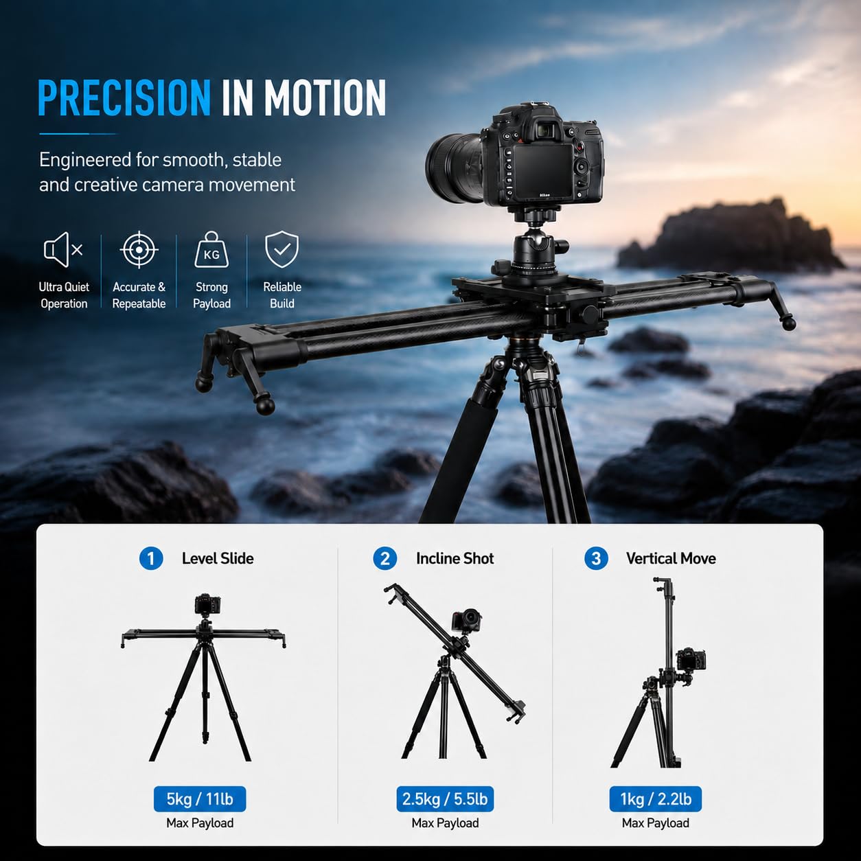 KONOVA G1 Slider Motorizzato per Fotocamera DSLR e Mirrorless, Controllo Bluetooth App, Binario in Fibra di Carbonio, Motion Control per Time Lapse, Stop Motion, Tracking e Panorama (100cm)
