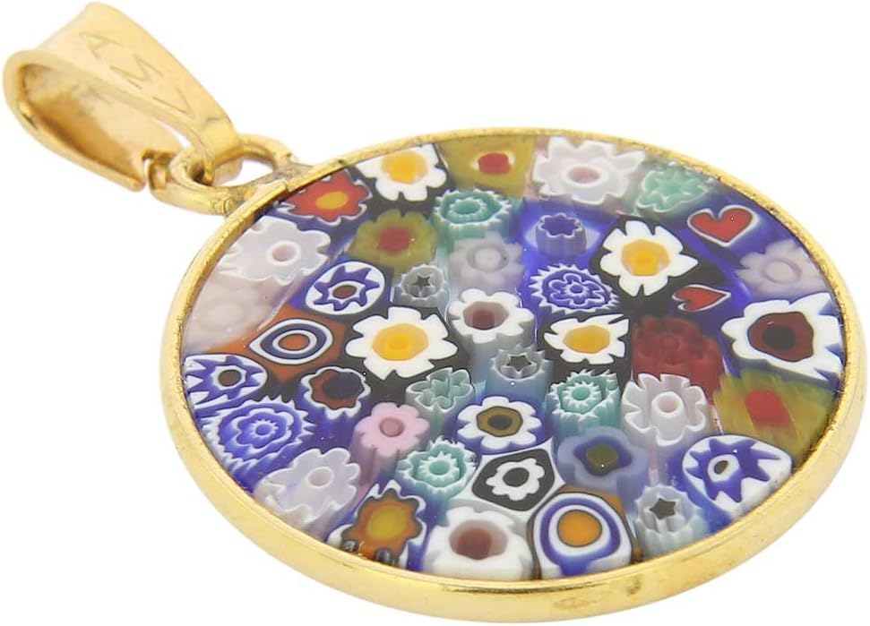 Glass Of Venice Italian Murano Glass Pendant Small 3/4 Inch Round Multicolor Millefiori Flower in Sterling Silver - Murano Glass Pendants for Women
