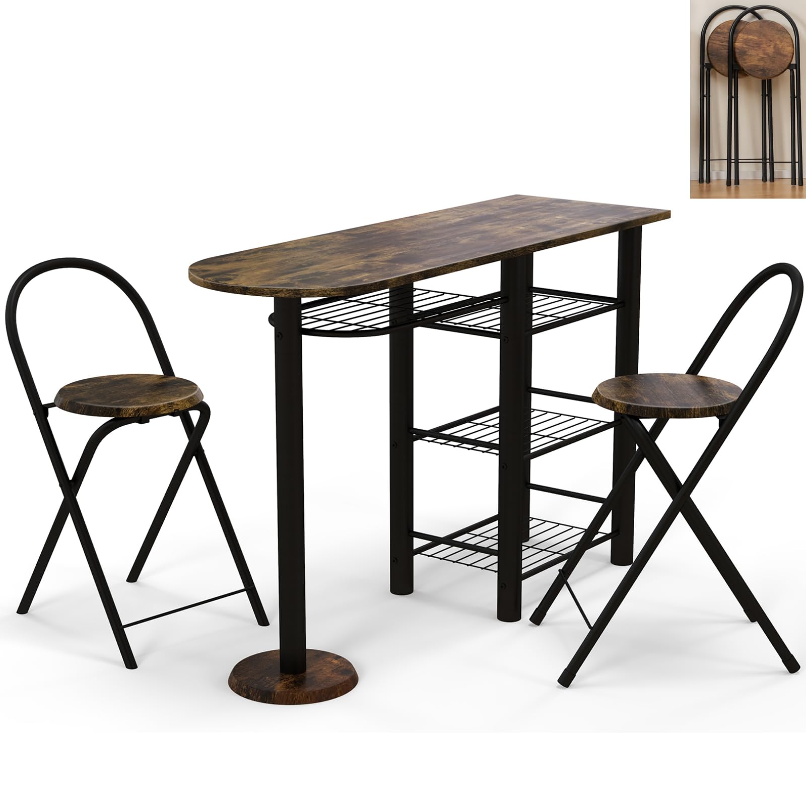 Juego de mesa de comedor rústica marrón de 3 piezas con sillas plegables, estantes y marco de metal grueso, mesa de cocina de madera para comedor, sala de estar y barra de desayuno