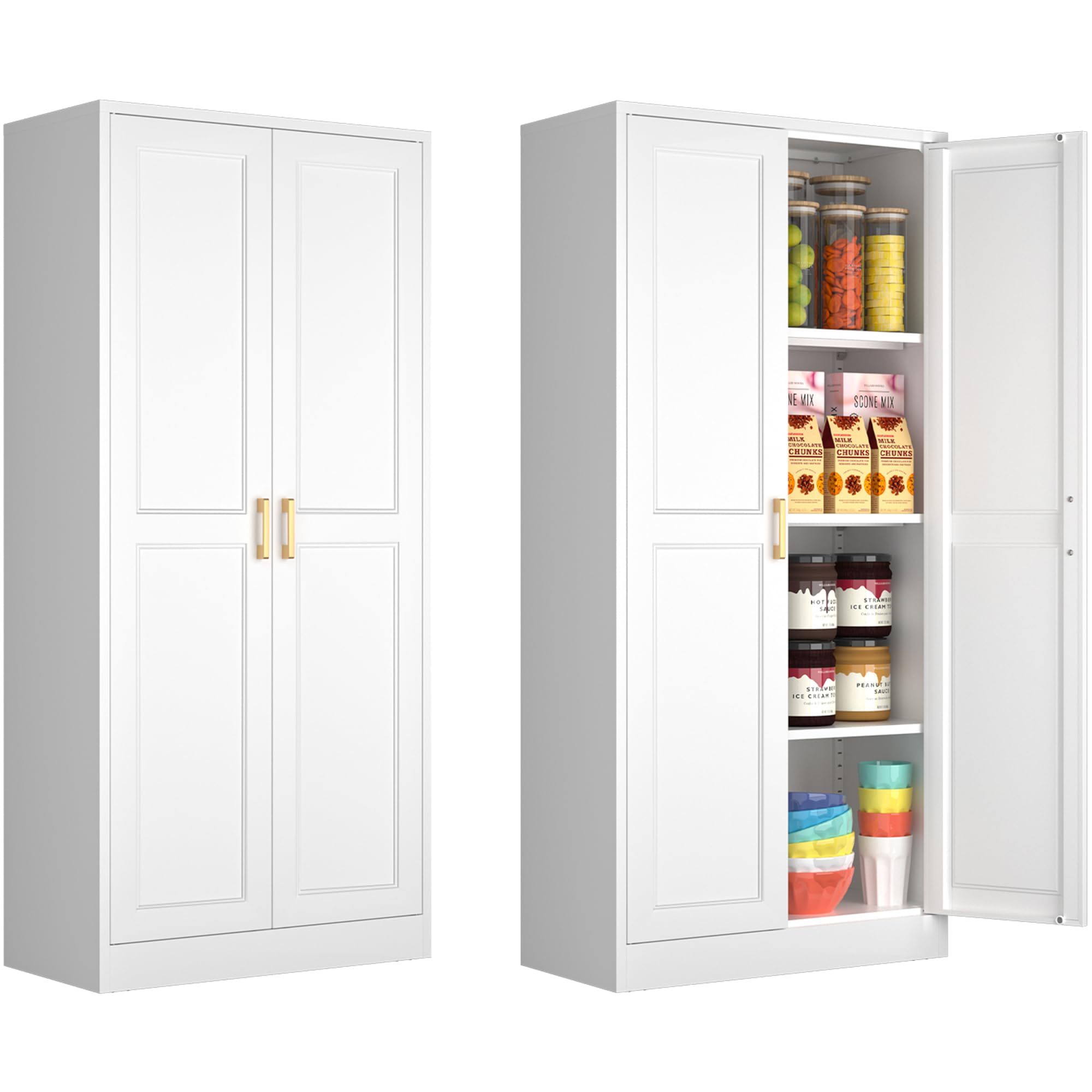 Polup 60" White Metal Kitchen Pantry Storage Cabinet with Doors and Shelves