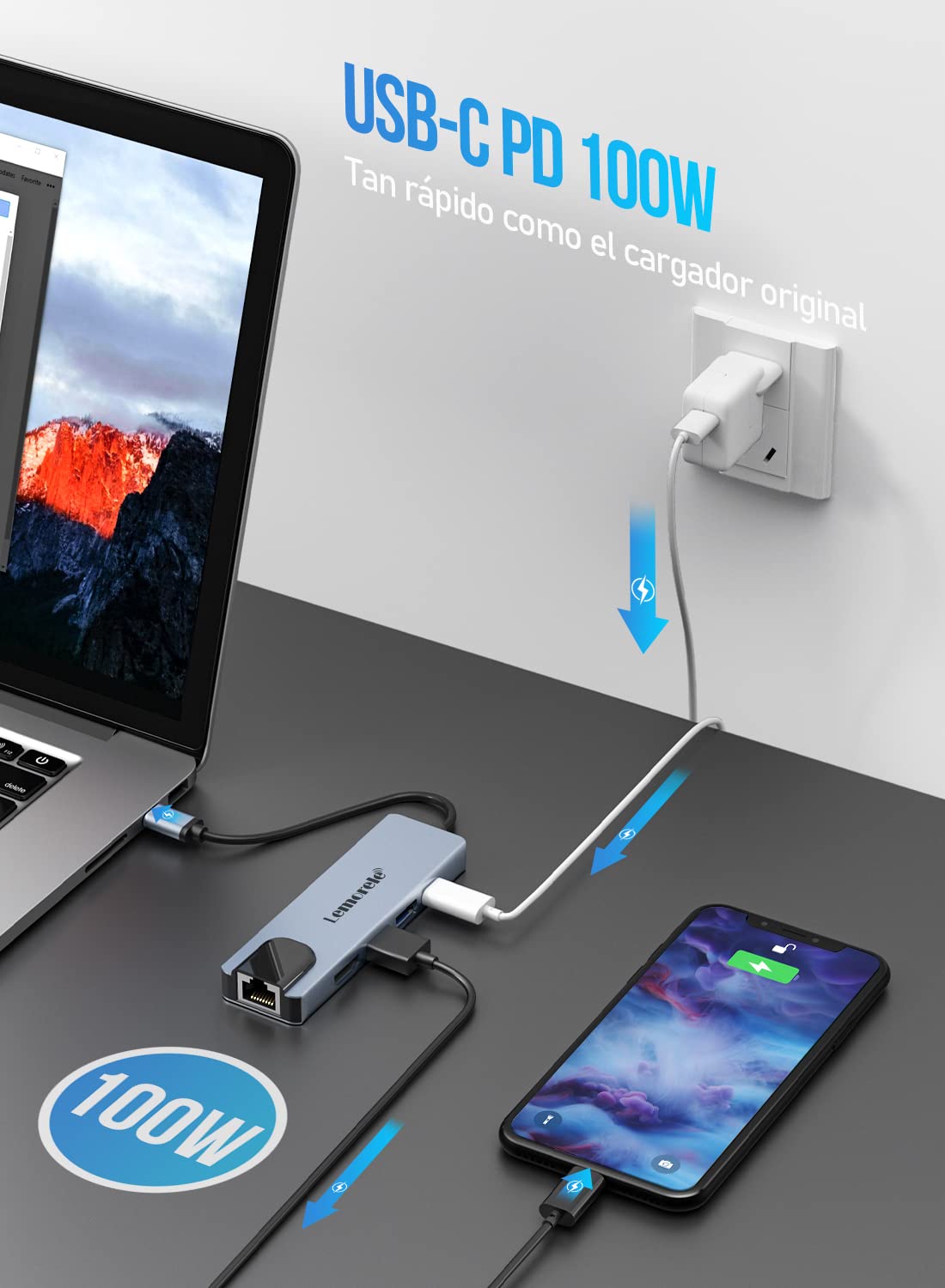 Lemorele Hub USB C con Ethernet, Adaptador USB C 5 en 1, Adaptador multipuerto con 4K HDMI, Ethernet LAN RJ45, 2 USB 3.0, PD 100W, Dock USB C para MacBook Pro/Air, ChromeBook, Switch, etc