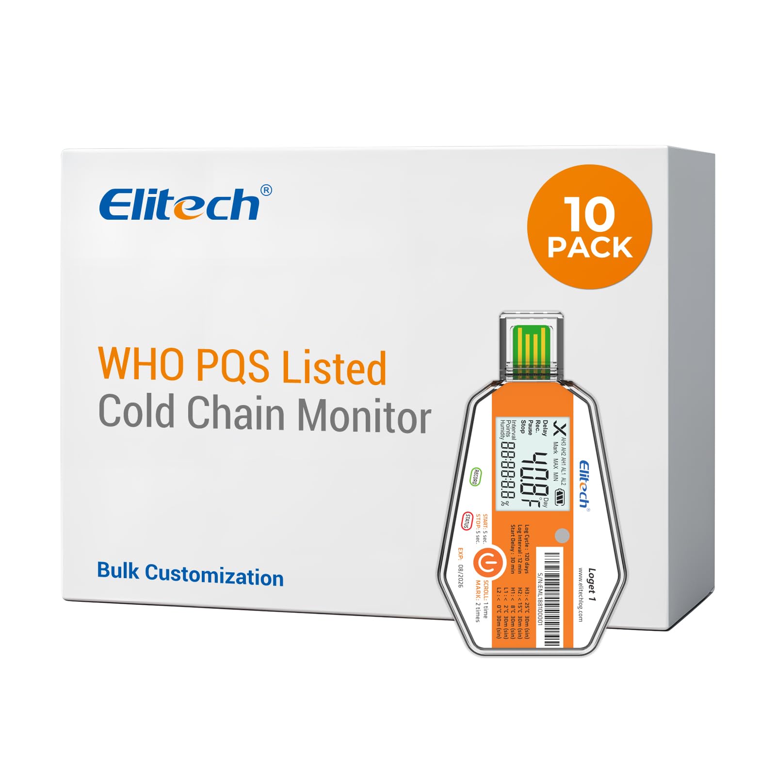 Elitech LogEt 1 Registrador de datos de temperatura de un solo uso PDF puerto USB 16000 puntos (paquete de 10)