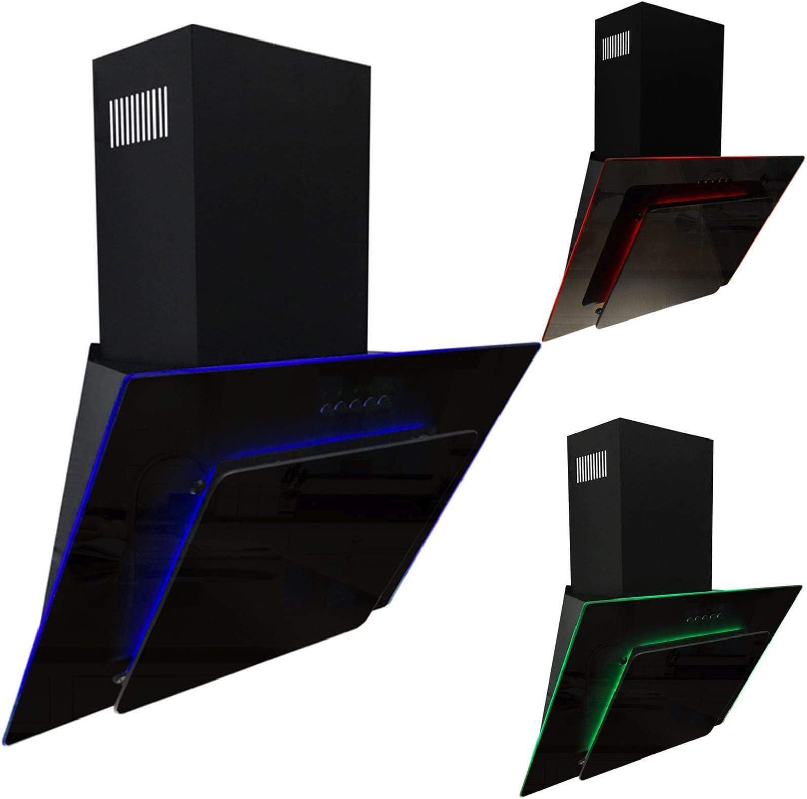 AGE71BL 70cm Black Glass Angled Kitchen Cooker Hood Chimney Extractor Fan With Red Blue And Green LED Edge Lit Mood Lighting
