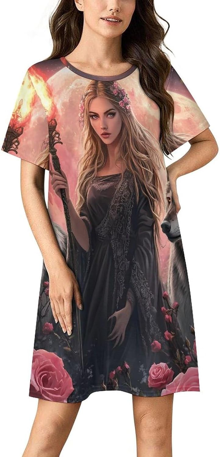 Witchcraft Goddess with Wolf Dogs Womens Nightgown Short Sleeve Sleepshirts Loungewear