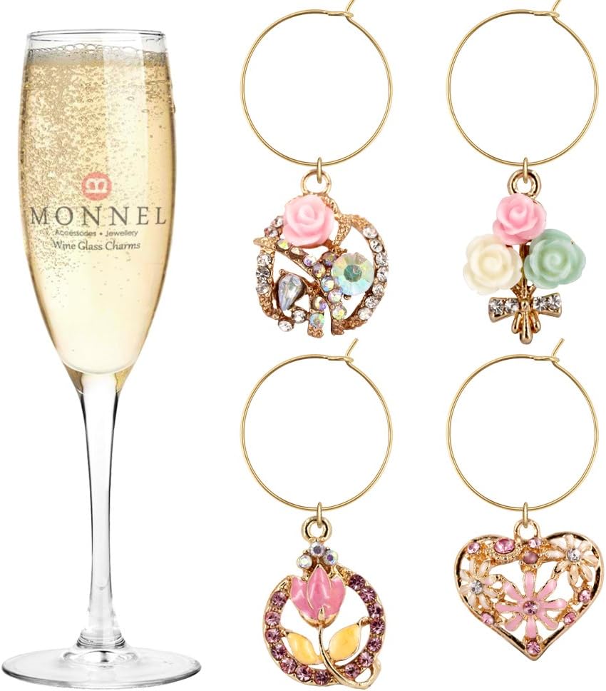 P409 Crystal Heart Flowers Wine Charms Glass Marker for Party with Velvet Bag (Pink ,Set of 4)