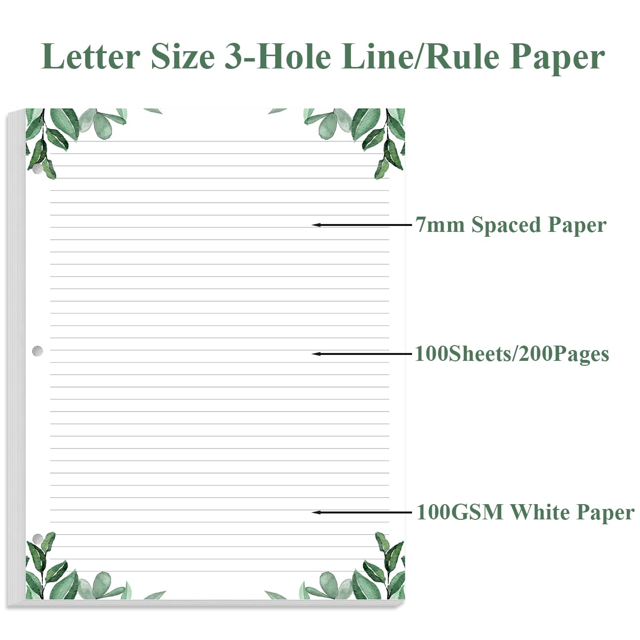 A4 liniertes Nachfüllpapier, 3-fach gelochtes, liniertes Füllpapier, 100 Blatt/200 Seiten lose Blätter, 100 g/m² weißes Papier, 21,6 x 27,9 cm, Blatt