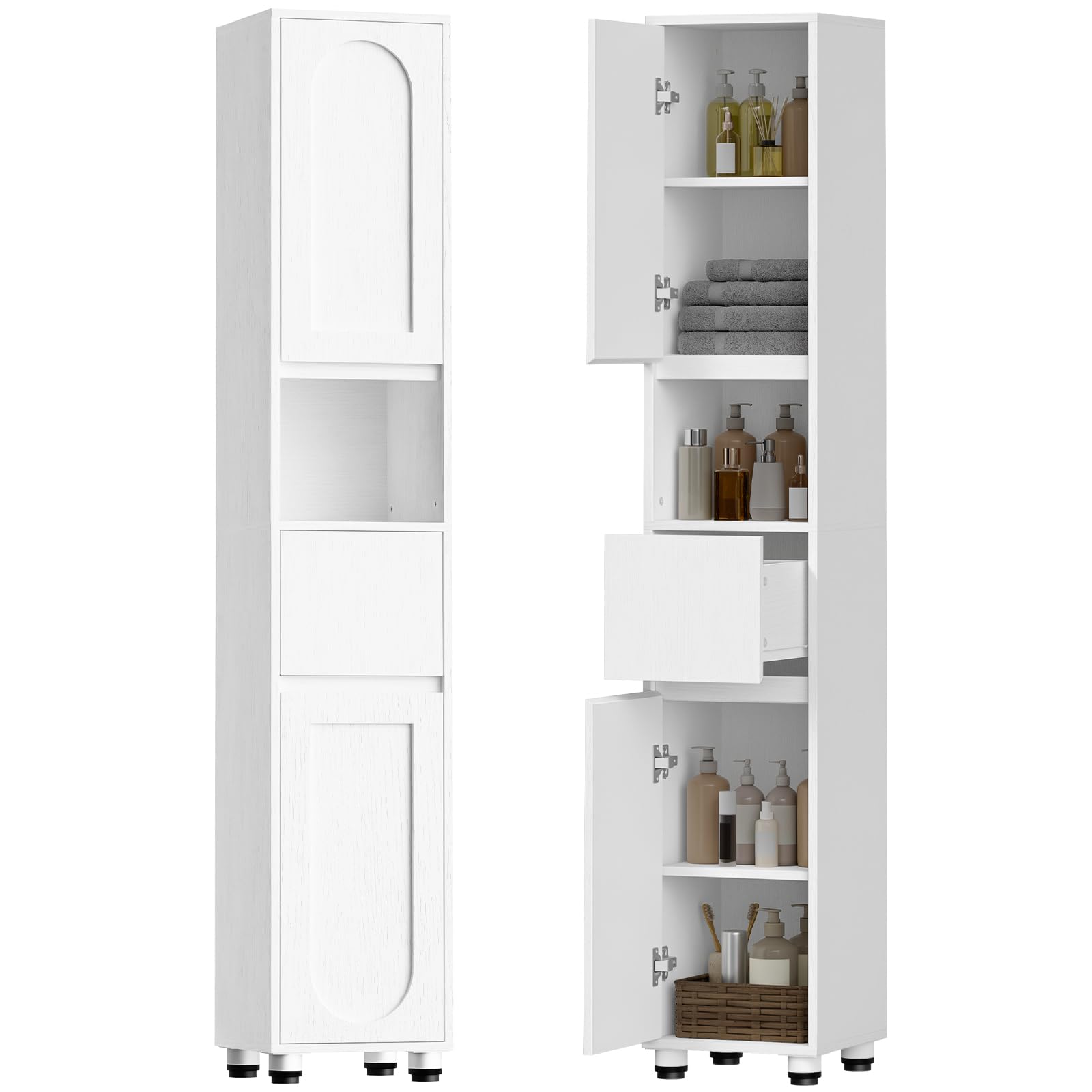 HOOBRO Armario de Baño de 30 x 30 x 170 cm, Puertas y Estantes Interiores Ajustables, 1 Compartimento Abierto y 1 Cajón, para Espacios Reducidos, Baño, Pasillo y Cocina, Acabado en Blanco EWW22BC01