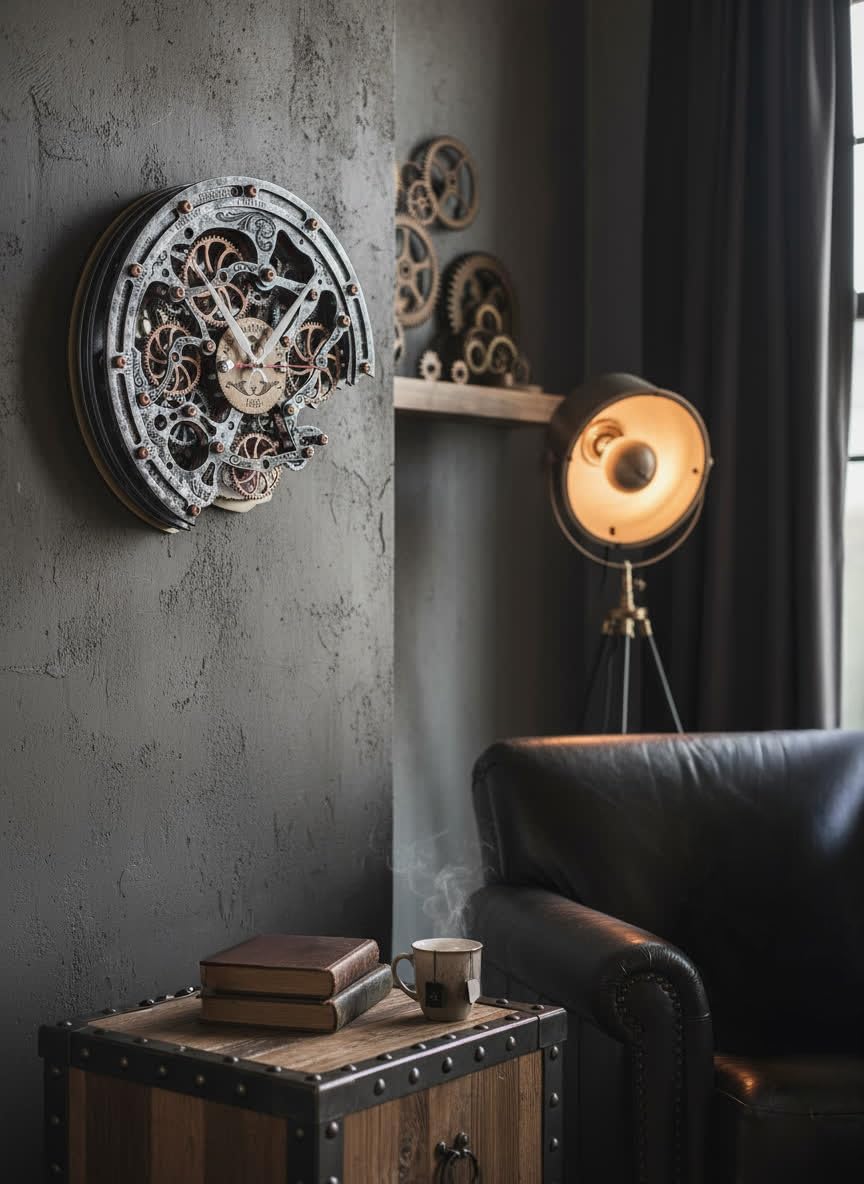 utomaton Bite 1682 Metal Jacket Wall Clock with Moving Gears, Silent Quartz, Personalized Engraving, Steampunk Industrial Decor