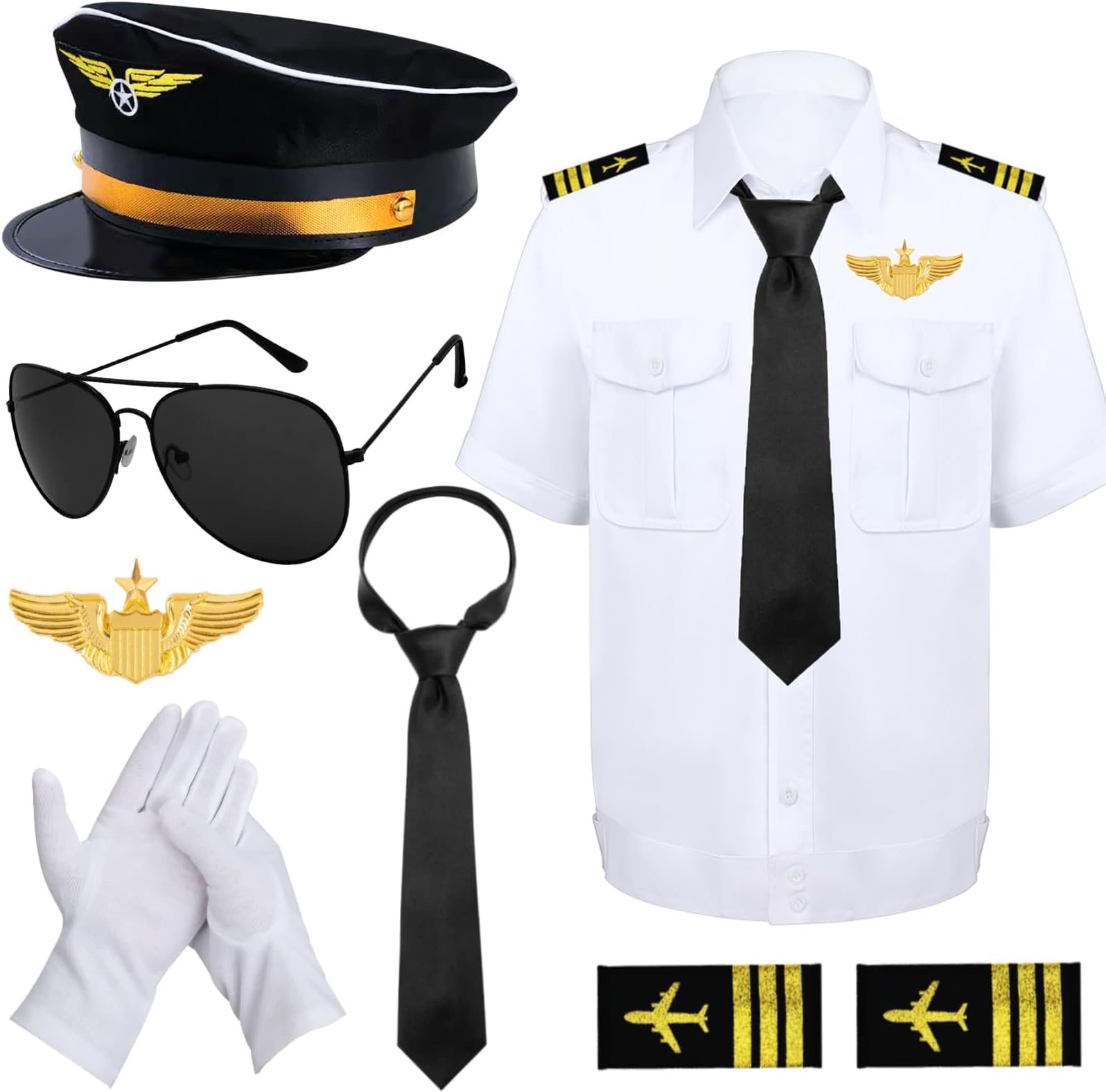 Airline Pilot Captain Costume Include Shirt Pilot Hat Tie Sunglasses Badge for Adults Aviator Dress Up